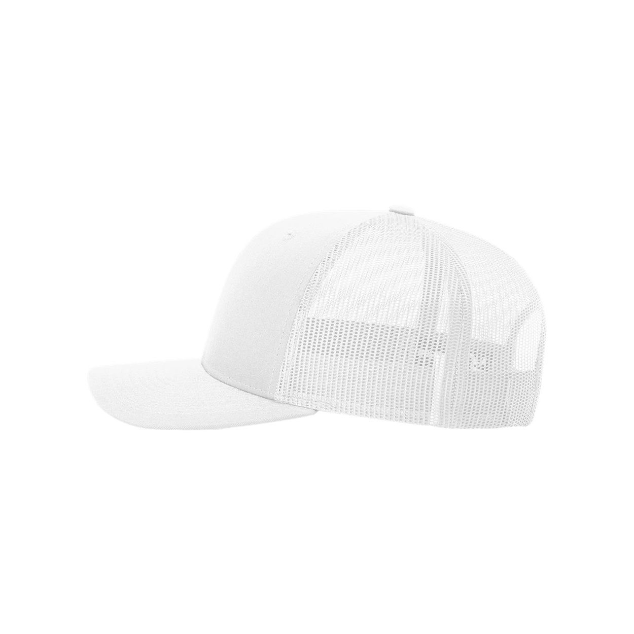 White Adjustable Trucker Cap featuring a structured, mid-profile six-panel design, pre-curved bill, and breathable stretch mesh back. Made with a 60/40 cotton-polyester twill front and 95/5 polyester-spandex mesh, it includes a comfort stretch sweatband and R-Flex snapback closure for a flexible, secure fit. Ideal for custom branding and promotional giveaways.