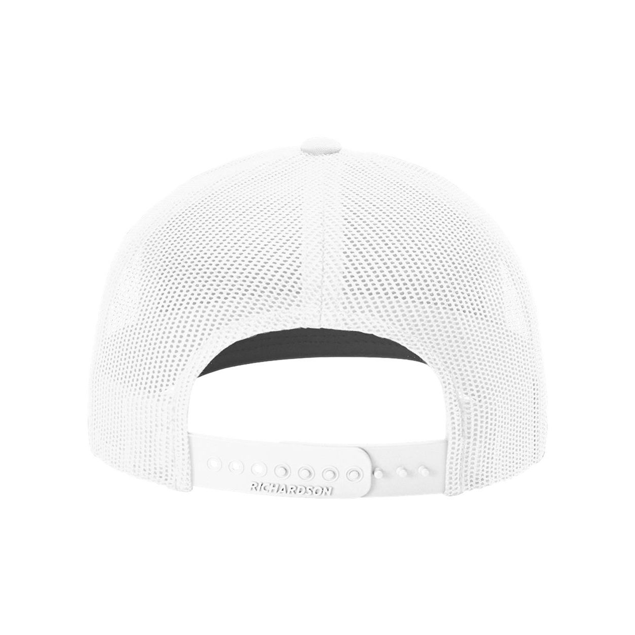 White Adjustable Trucker Cap featuring a structured, mid-profile six-panel design, pre-curved bill, and breathable stretch mesh back. Made with a 60/40 cotton-polyester twill front and 95/5 polyester-spandex mesh, it includes a comfort stretch sweatband and R-Flex snapback closure for a flexible, secure fit. Ideal for custom branding and promotional giveaways.