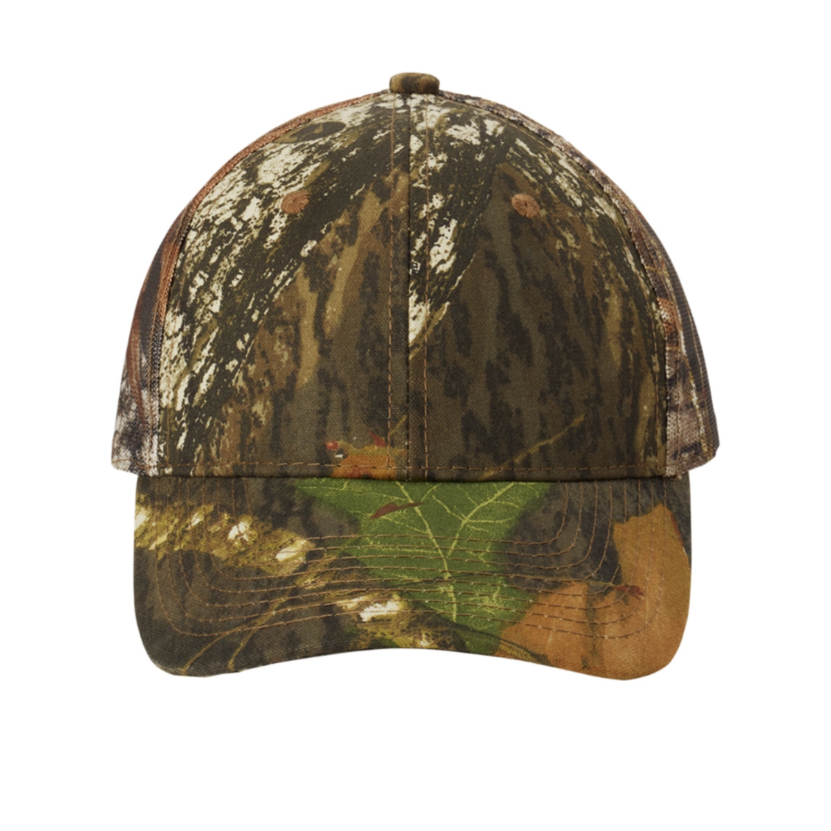 Mossy Oak New Break-Up camouflage cap featuring a patterned front panel, curved bill, and breathable mesh back on a white background.