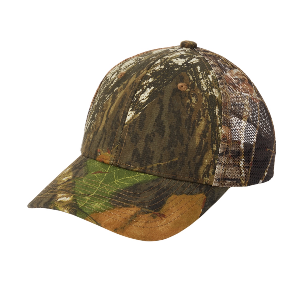 Mossy Oak New Break-Up camouflage cap featuring a patterned front panel, curved bill, and breathable mesh back on a white background.