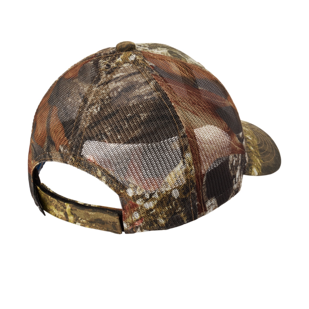 Mossy Oak New Break-Up camouflage cap featuring a patterned front panel, curved bill, and breathable mesh back on a white background.