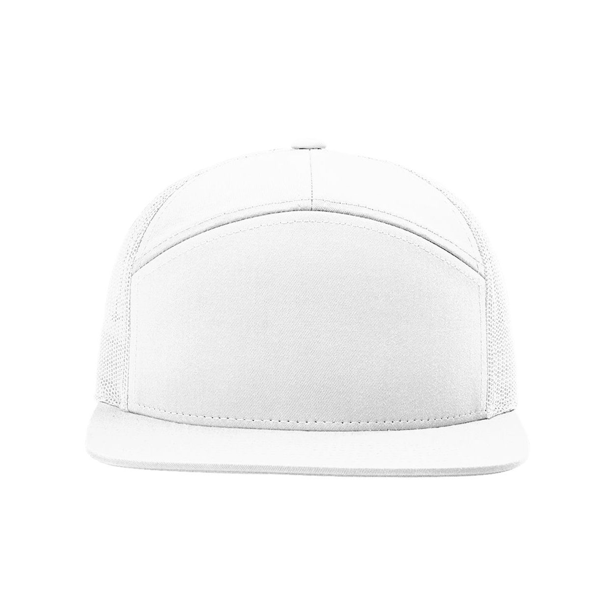 White Richardson Seven-Panel Trucker Cap featuring a structured, high-profile design, a durable cotton-polyester twill front, breathable polyester mesh back, flat bill, and adjustable snapback closure. Available in a range of colors, this casual cap is ideal for everyday wear, team apparel, and custom-branded promotional merchandise.