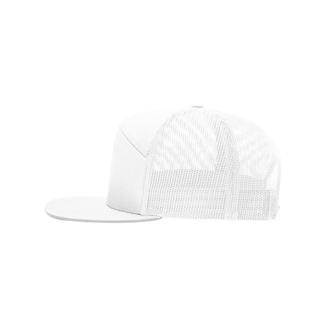 White Richardson Seven-Panel Trucker Cap featuring a structured, high-profile design, a durable cotton-polyester twill front, breathable polyester mesh back, flat bill, and adjustable snapback closure. Available in a range of colors, this casual cap is ideal for everyday wear, team apparel, and custom-branded promotional merchandise.