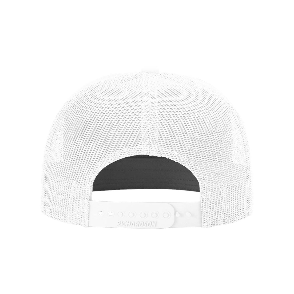 White Richardson Seven-Panel Trucker Cap featuring a structured, high-profile design, a durable cotton-polyester twill front, breathable polyester mesh back, flat bill, and adjustable snapback closure. Available in a range of colors, this casual cap is ideal for everyday wear, team apparel, and custom-branded promotional merchandise.