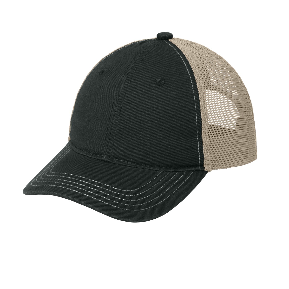 Black/Khaki A super-soft, low-profile District mesh back cap featuring a 100% cotton twill front and breathable polyester mesh mid and back panels, with an unstructured design and an adjustable seven-position snap closure for a relaxed, customizable fit. Suitable for everyday casual wear and custom logo branding.