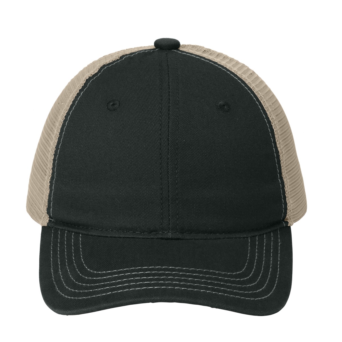 Black/Khaki A super-soft, low-profile District mesh back cap featuring a 100% cotton twill front and breathable polyester mesh mid and back panels, with an unstructured design and an adjustable seven-position snap closure for a relaxed, customizable fit. Suitable for everyday casual wear and custom logo branding.