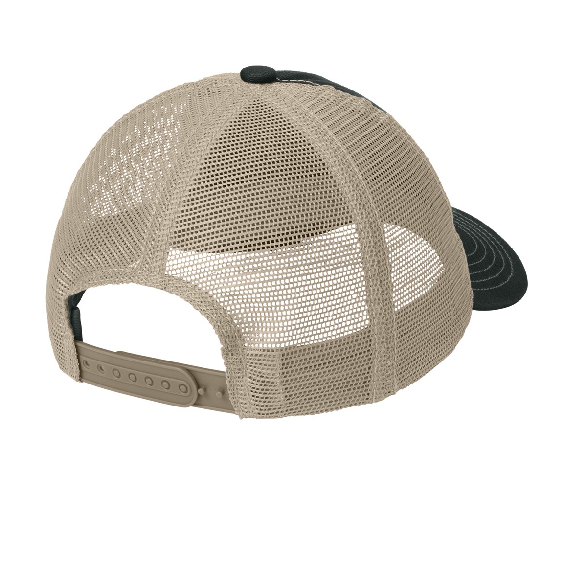 Black/Khaki A super-soft, low-profile District mesh back cap featuring a 100% cotton twill front and breathable polyester mesh mid and back panels, with an unstructured design and an adjustable seven-position snap closure for a relaxed, customizable fit. Suitable for everyday casual wear and custom logo branding.