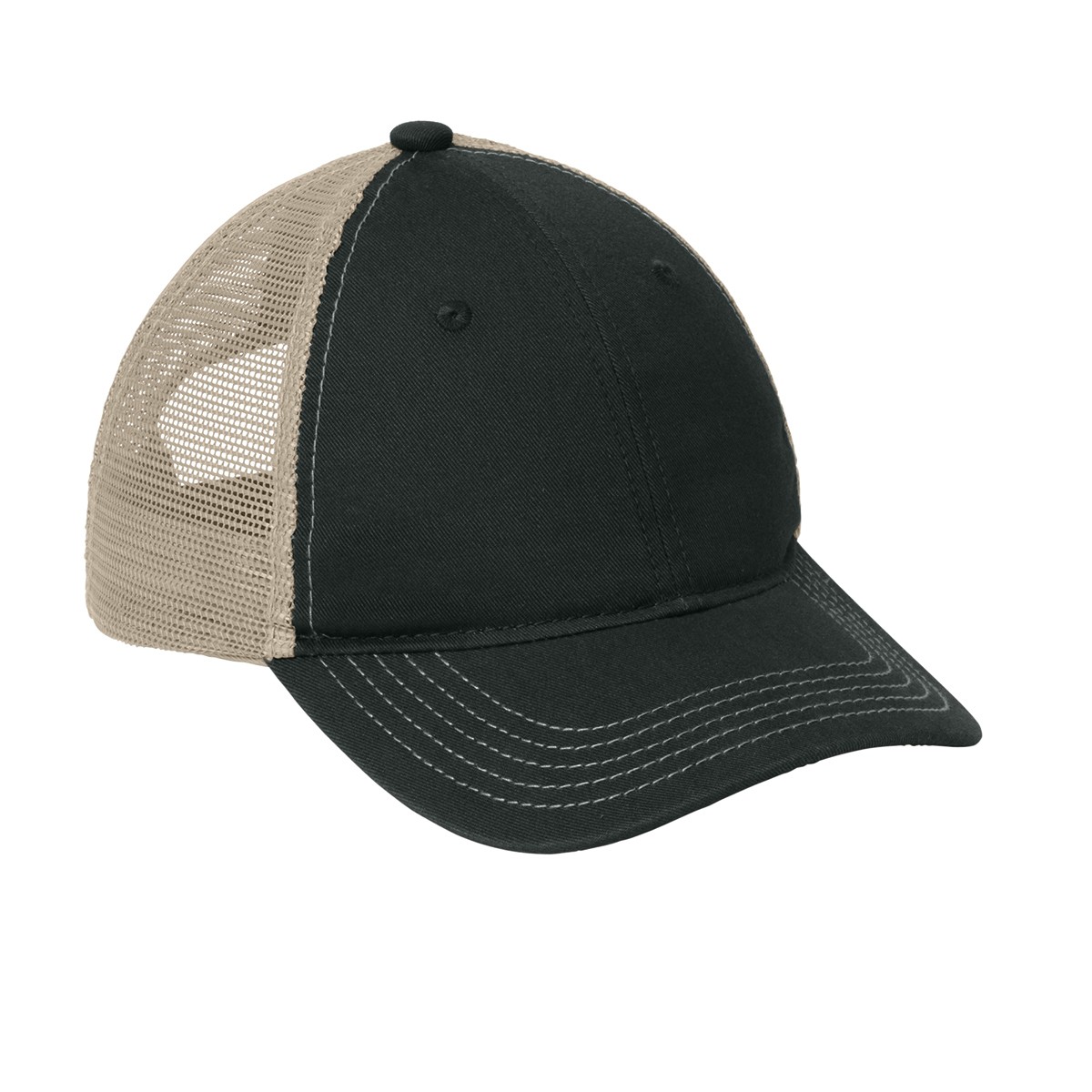 Black/Khaki A super-soft, low-profile District mesh back cap featuring a 100% cotton twill front and breathable polyester mesh mid and back panels, with an unstructured design and an adjustable seven-position snap closure for a relaxed, customizable fit. Suitable for everyday casual wear and custom logo branding.