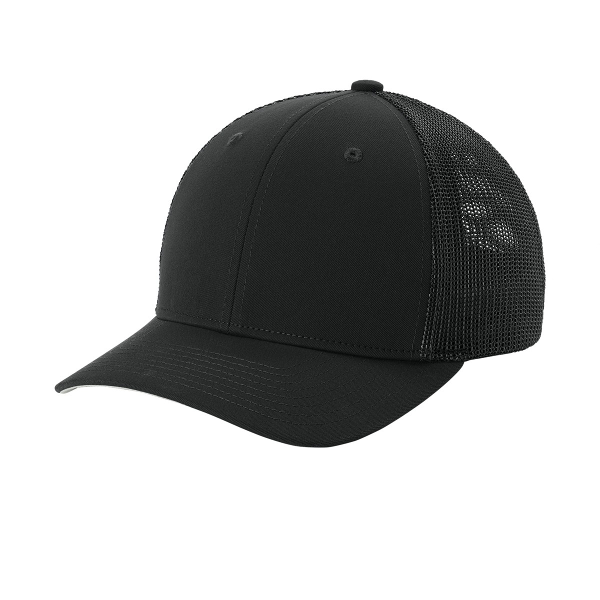 Black/Black Sport-Tek Stretch-Tek Mesh Back Cap featuring a structured, mid-profile design with polyester twill front panels, breathable polyester-spandex mesh back panels, a curved bill, silver undervisor, and moisture-wicking sweatband for comfortable, flexible everyday wear, team apparel, and custom logo branding.