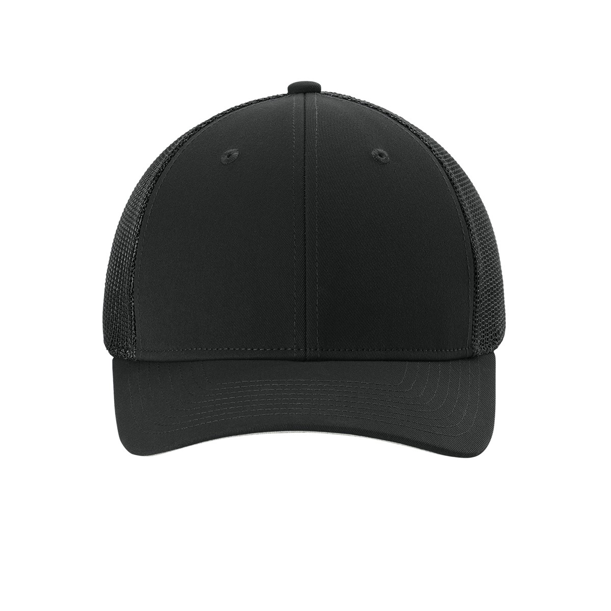 Black/Black Sport-Tek Stretch-Tek Mesh Back Cap featuring a structured, mid-profile design with polyester twill front panels, breathable polyester-spandex mesh back panels, a curved bill, silver undervisor, and moisture-wicking sweatband for comfortable, flexible everyday wear, team apparel, and custom logo branding.