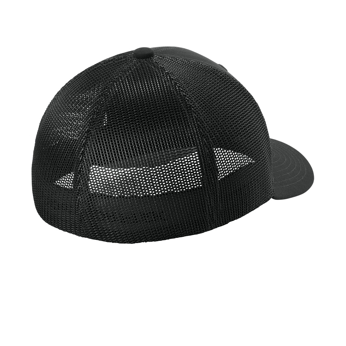 Black/Black Sport-Tek Stretch-Tek Mesh Back Cap featuring a structured, mid-profile design with polyester twill front panels, breathable polyester-spandex mesh back panels, a curved bill, silver undervisor, and moisture-wicking sweatband for comfortable, flexible everyday wear, team apparel, and custom logo branding.