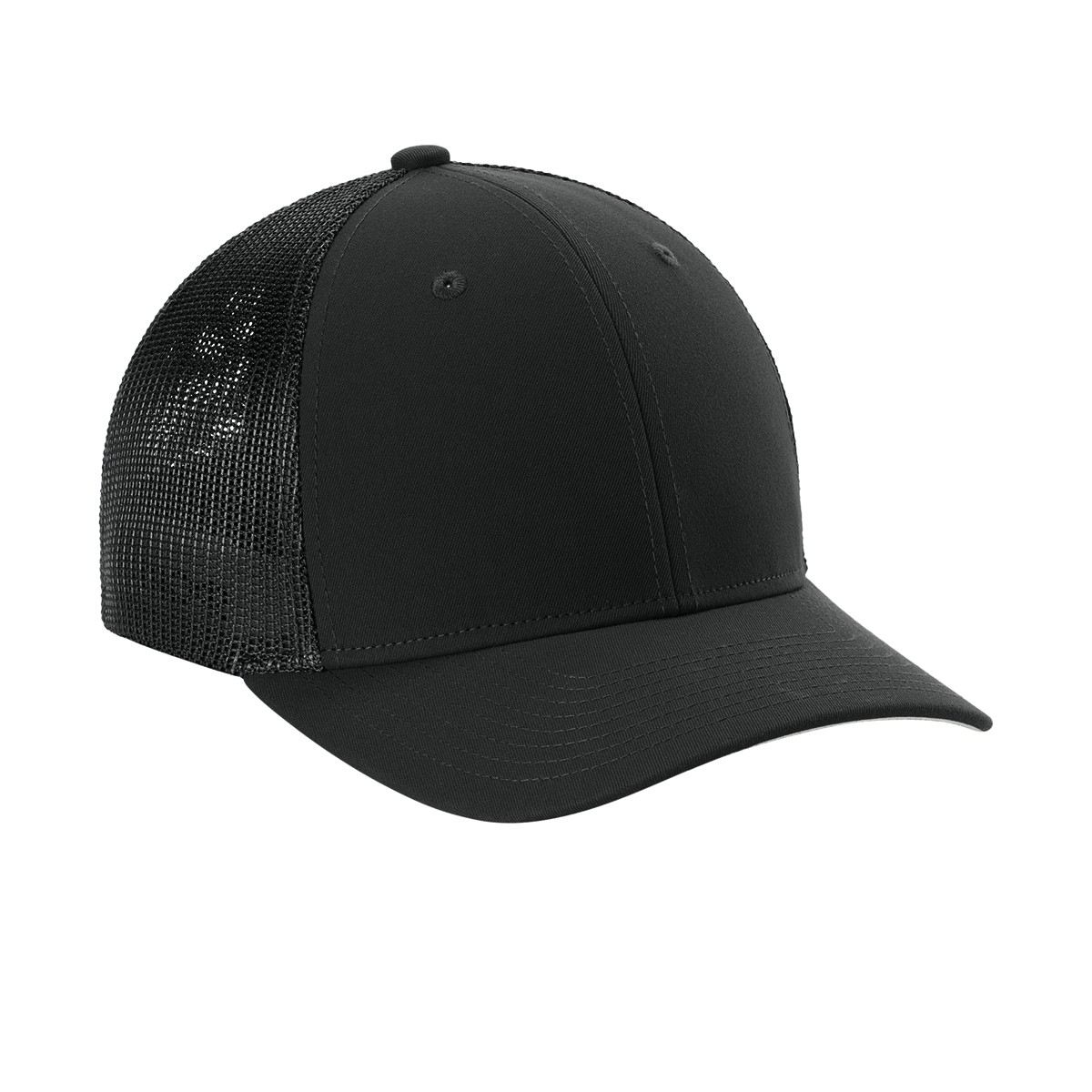 Black/Black Sport-Tek Stretch-Tek Mesh Back Cap featuring a structured, mid-profile design with polyester twill front panels, breathable polyester-spandex mesh back panels, a curved bill, silver undervisor, and moisture-wicking sweatband for comfortable, flexible everyday wear, team apparel, and custom logo branding.