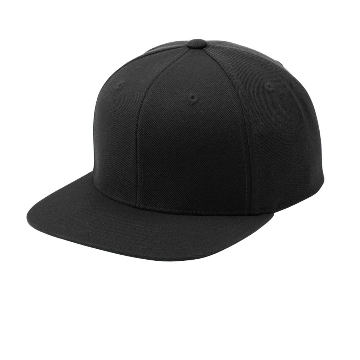 Black flat bill snapback cap with a structured high-profile crown, green contrast underbill, and adjustable seven-position closure.