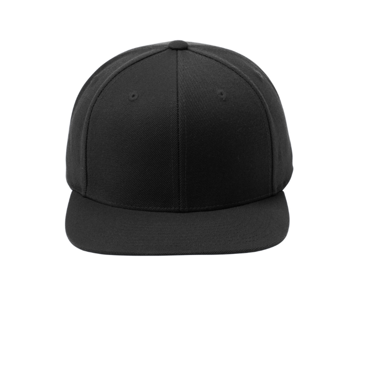 Black flat bill snapback cap with a structured high-profile crown, green contrast underbill, and adjustable seven-position closure.