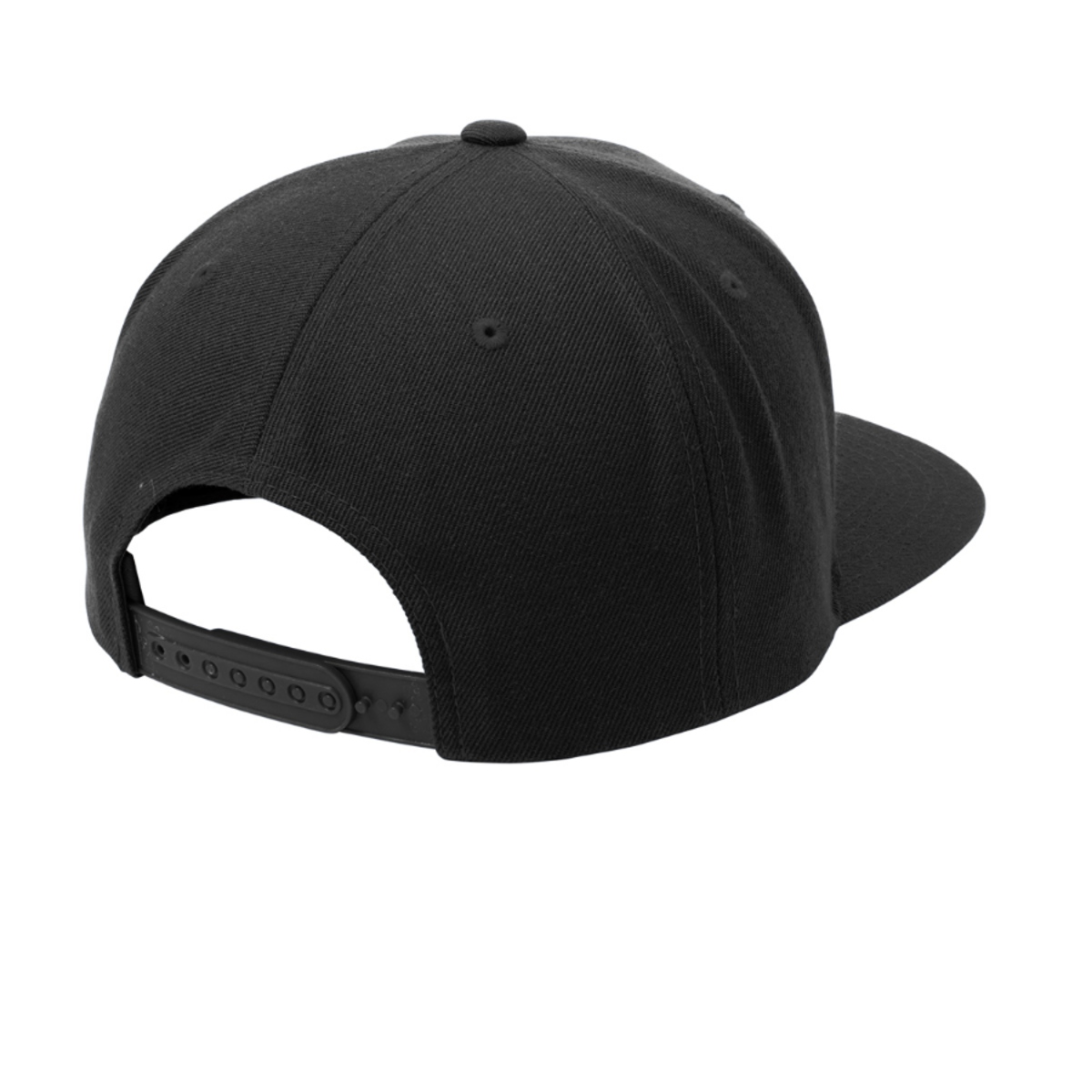 Black flat bill snapback cap with a structured high-profile crown, green contrast underbill, and adjustable seven-position closure.