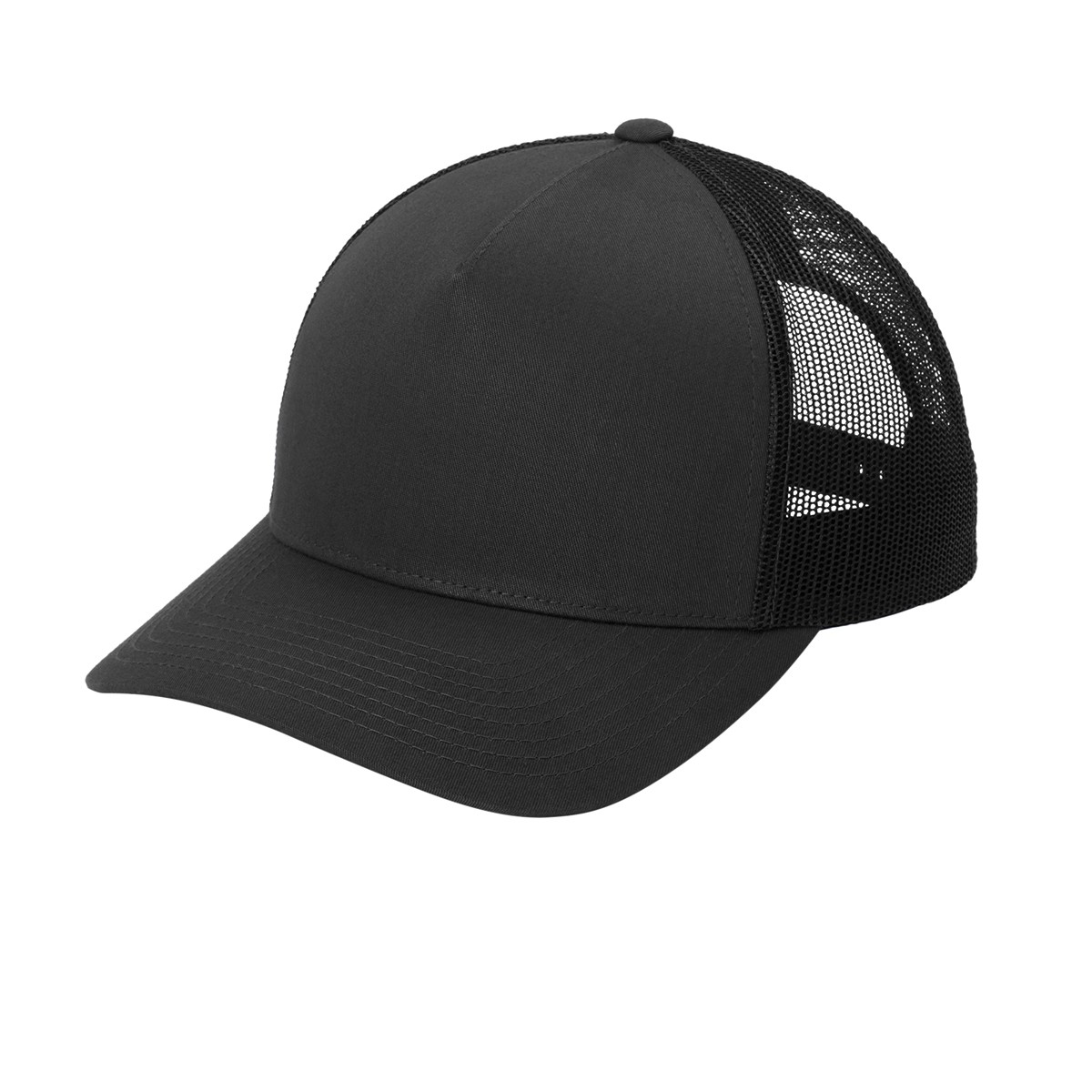 Black/Black Sport-Tek Yupoong® Retro Trucker 5-Panel Cap featuring a structured cotton-polyester front, breathable polyester mesh back panels, a curved bill, and an adjustable snapback closure for comfortable everyday wear, outdoor activities, and custom logo branding.