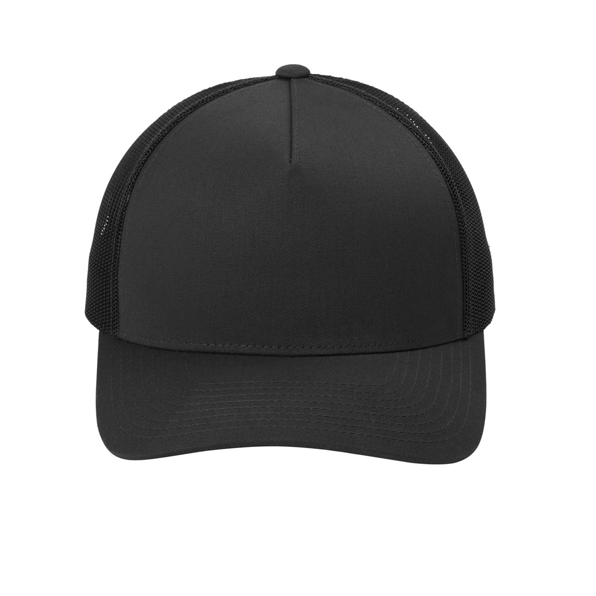 Black/Black Sport-Tek Yupoong® Retro Trucker 5-Panel Cap featuring a structured cotton-polyester front, breathable polyester mesh back panels, a curved bill, and an adjustable snapback closure for comfortable everyday wear, outdoor activities, and custom logo branding.