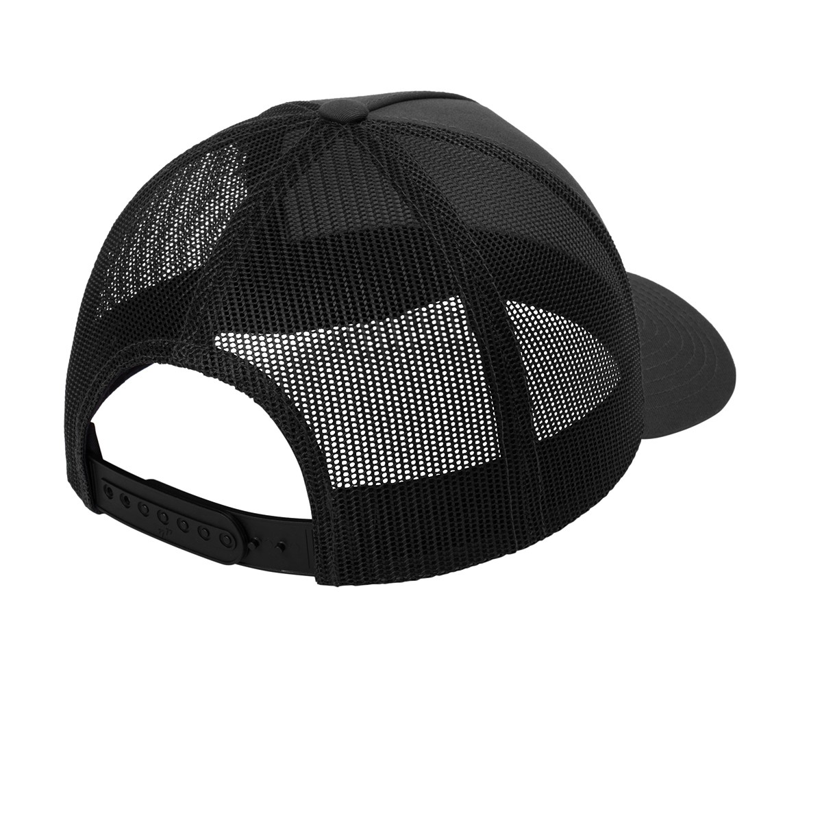 Black/Black Sport-Tek Yupoong® Retro Trucker 5-Panel Cap featuring a structured cotton-polyester front, breathable polyester mesh back panels, a curved bill, and an adjustable snapback closure for comfortable everyday wear, outdoor activities, and custom logo branding.
