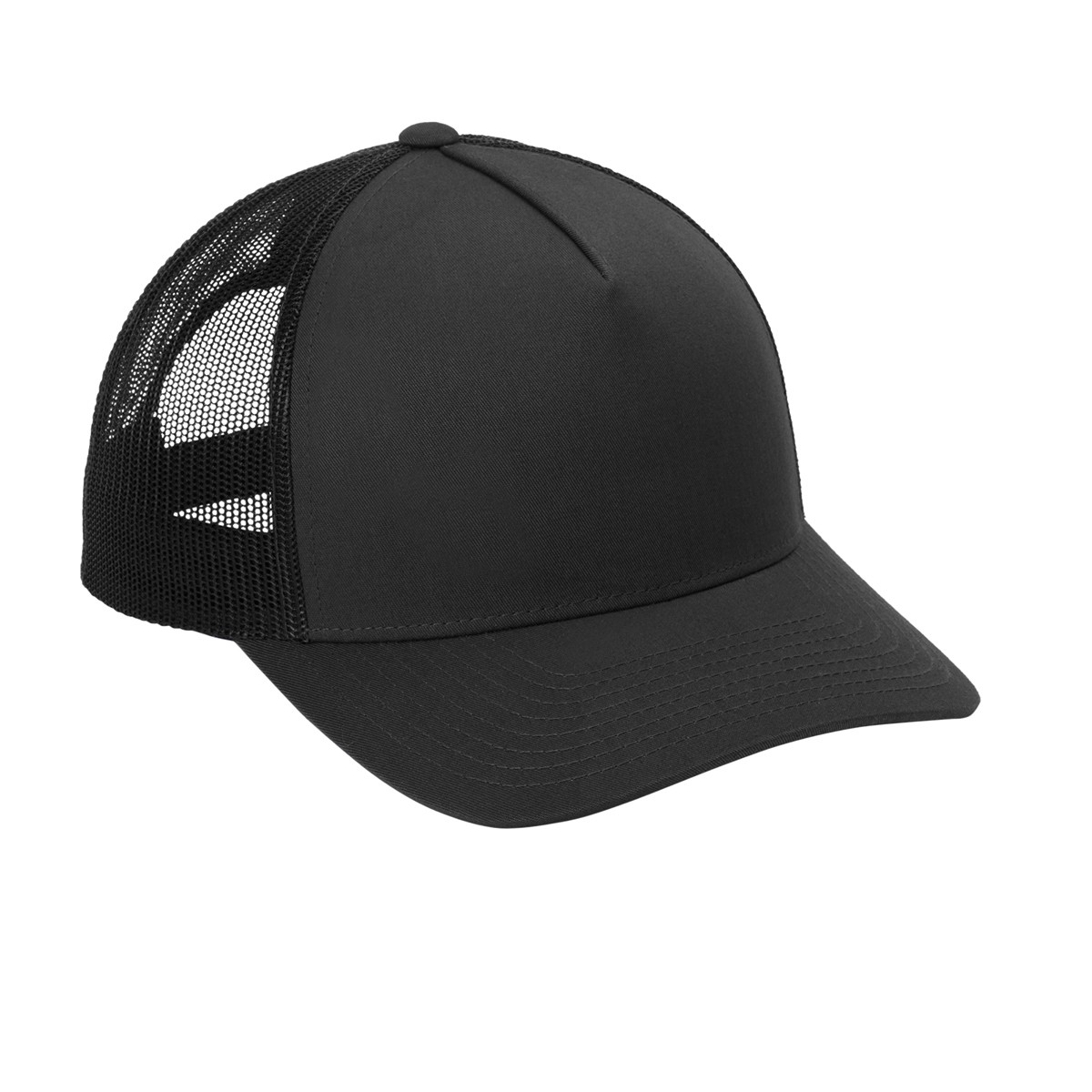 Black/Black Sport-Tek Yupoong® Retro Trucker 5-Panel Cap featuring a structured cotton-polyester front, breathable polyester mesh back panels, a curved bill, and an adjustable snapback closure for comfortable everyday wear, outdoor activities, and custom logo branding.