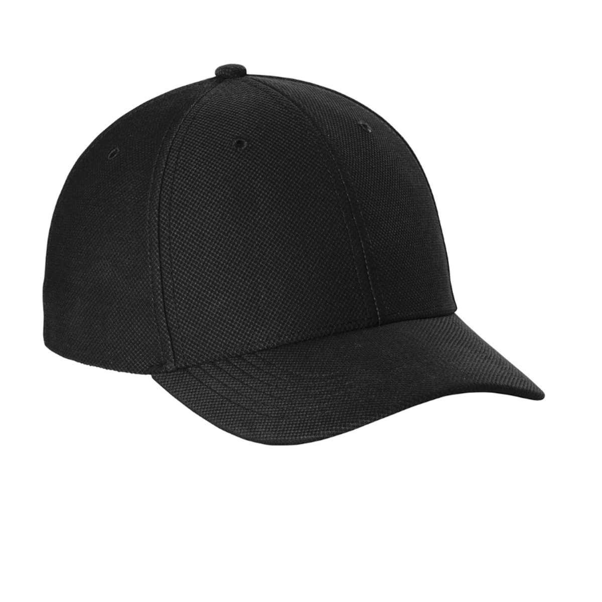 Black textured knit cap featuring a structured mid-profile design, moisture-wicking sweatband, and seven-position adjustable snapback closure.