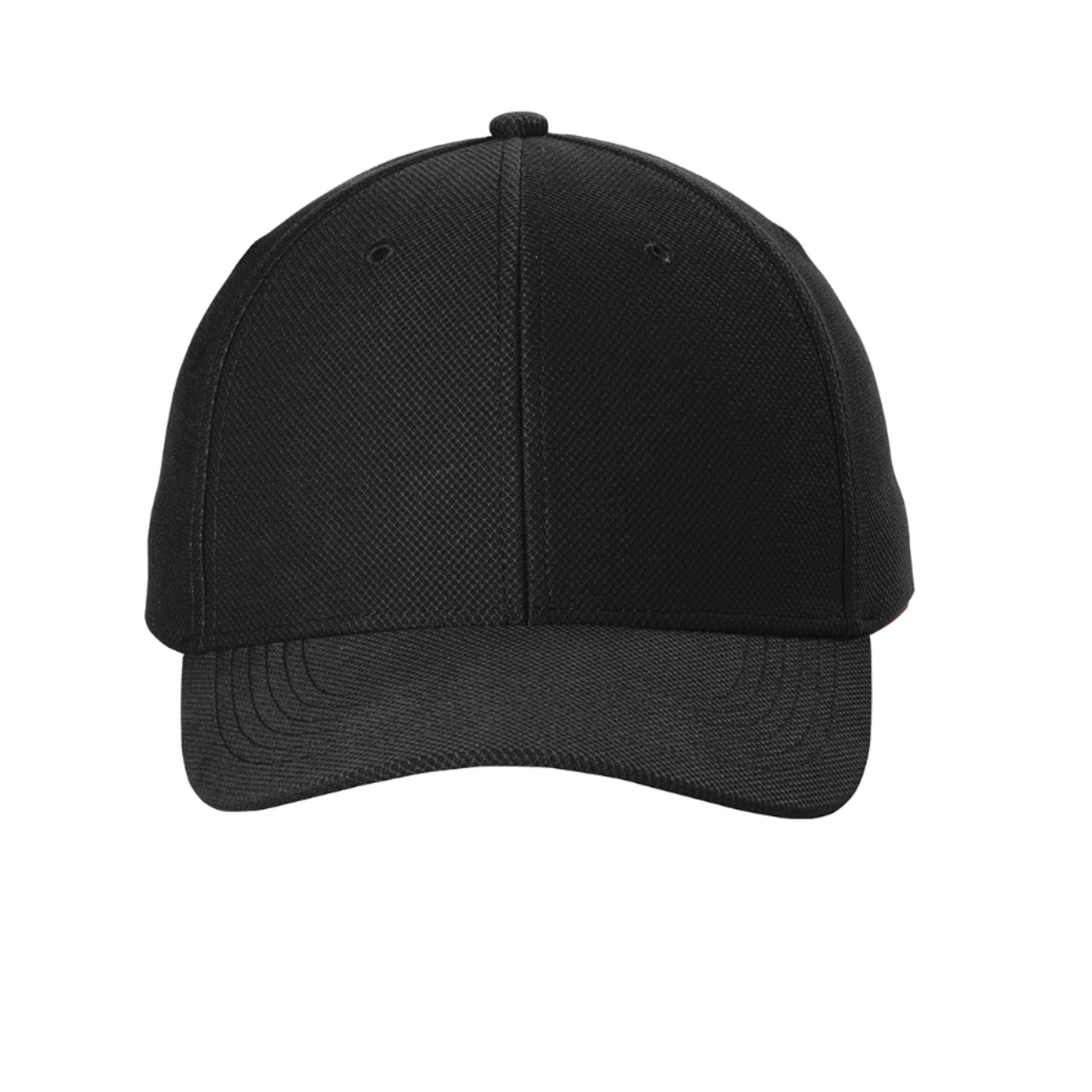 Black textured knit cap featuring a structured mid-profile design, moisture-wicking sweatband, and seven-position adjustable snapback closure.