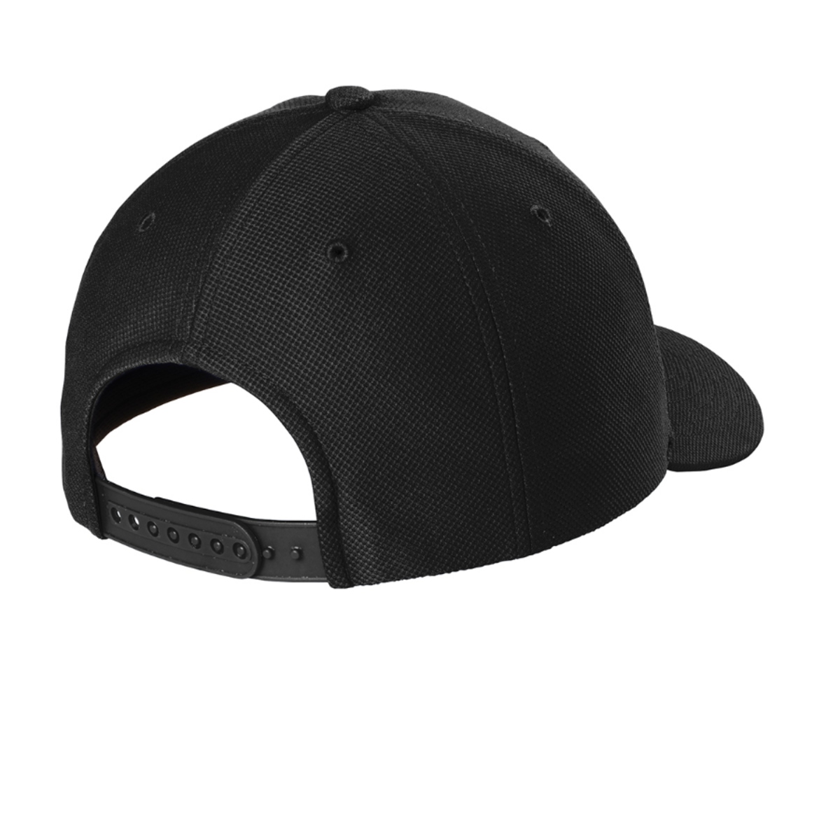 Black textured knit cap featuring a structured mid-profile design, moisture-wicking sweatband, and seven-position adjustable snapback closure.