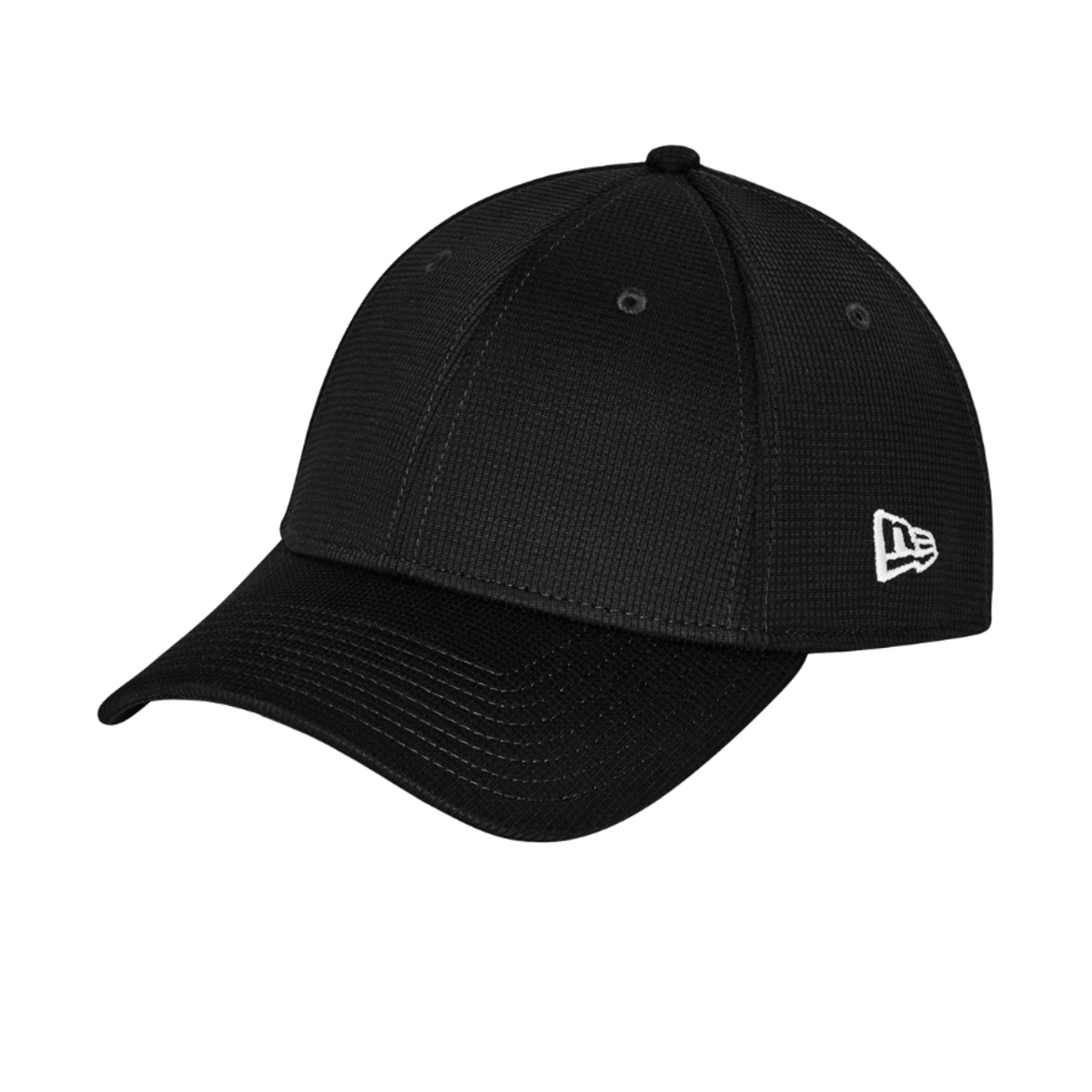 Flag Black New Era performance cap with a subtle gridded-texture polyester crown, precurved visor, stretch sweatband, and adjustable snapback closure.