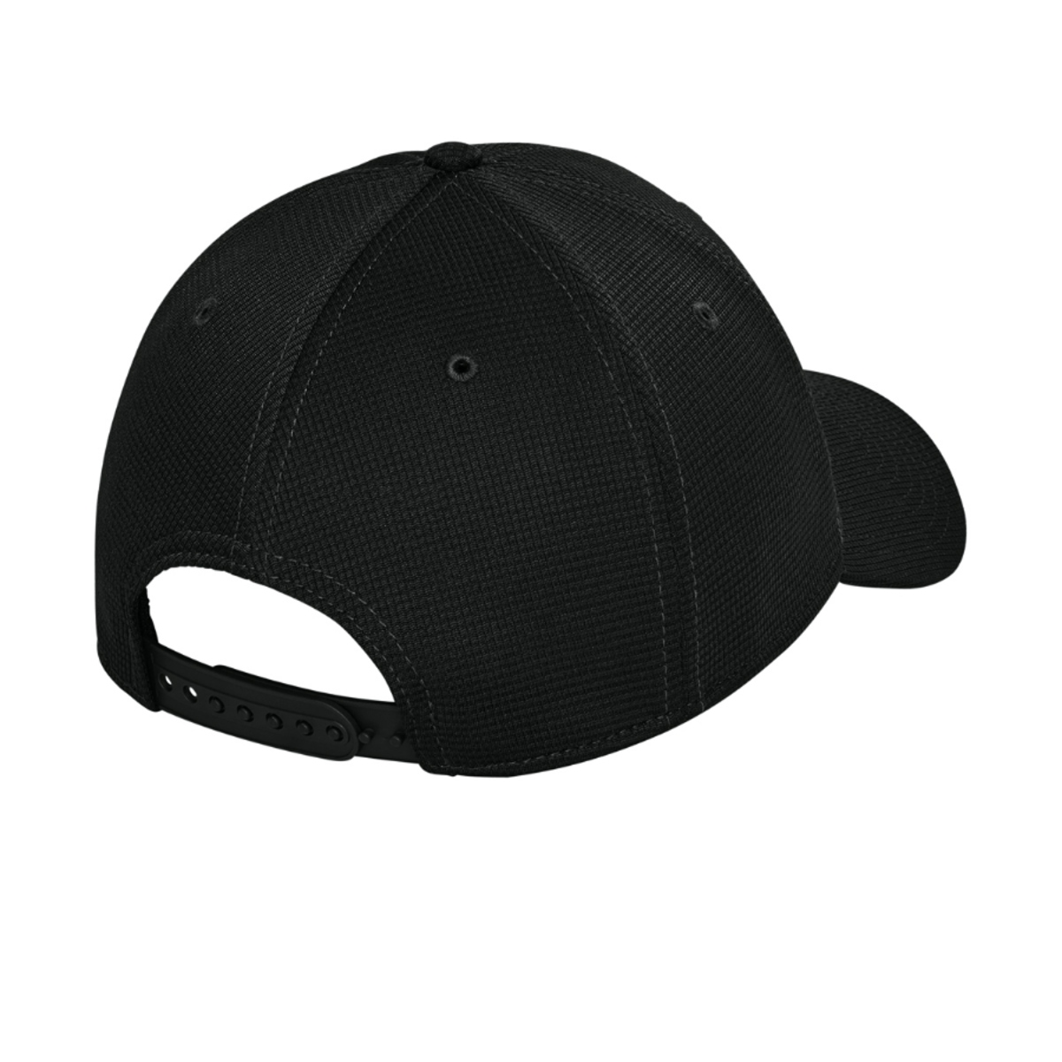 Flag Black New Era performance cap with a subtle gridded-texture polyester crown, precurved visor, stretch sweatband, and adjustable snapback closure.