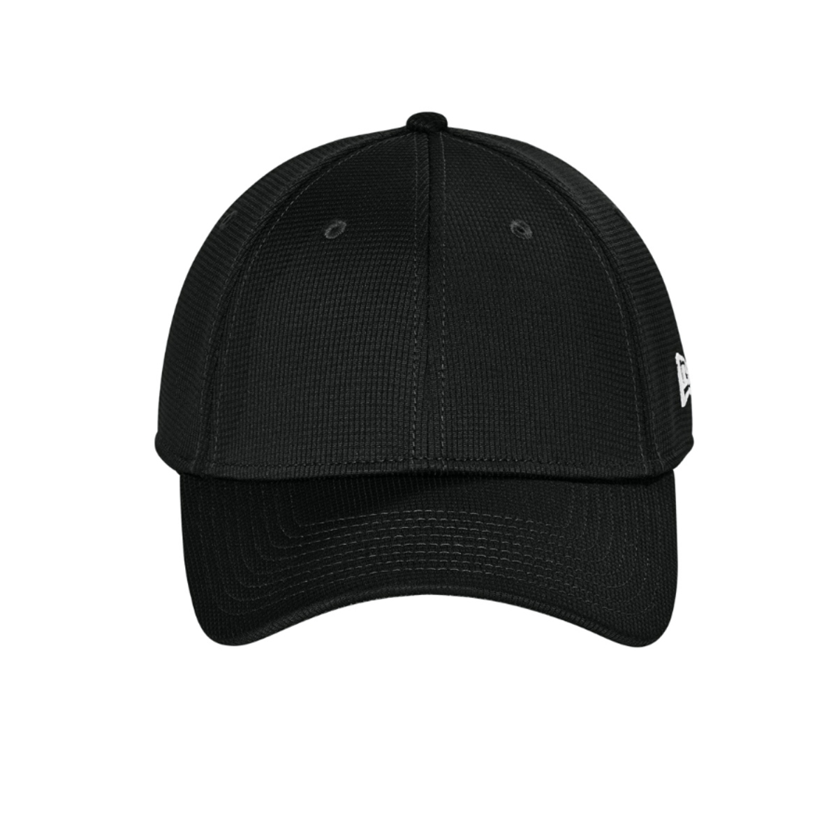 Flag Black New Era performance cap with a subtle gridded-texture polyester crown, precurved visor, stretch sweatband, and adjustable snapback closure.