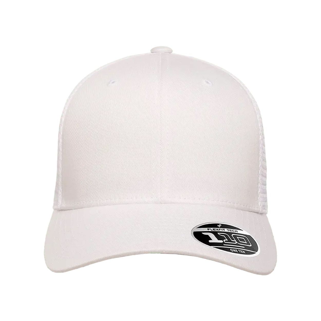 White Flexfit Adult 110® Mesh Cap featuring a structured six-panel design, breathable mesh back, curved visor with a contrasting silver underside, and adjustable snapback closure. Made from polyester and cotton, this sporty cap offers a comfortable, customizable fit for everyday wear, team apparel, and branded merchandise.