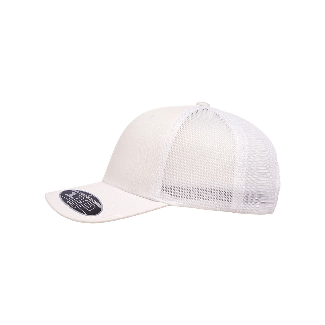 White Flexfit Adult 110® Mesh Cap featuring a structured six-panel design, breathable mesh back, curved visor with a contrasting silver underside, and adjustable snapback closure. Made from polyester and cotton, this sporty cap offers a comfortable, customizable fit for everyday wear, team apparel, and branded merchandise.