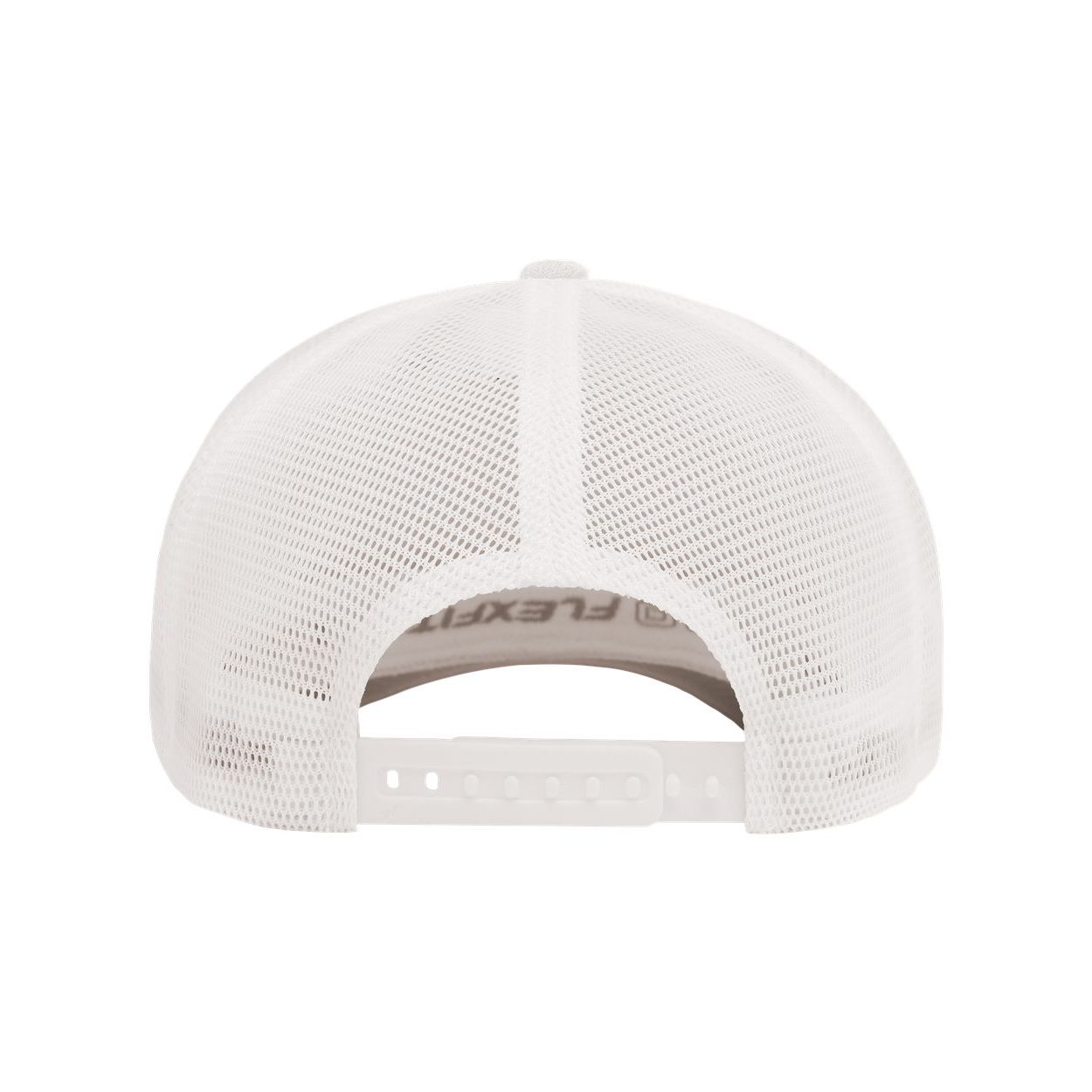 White Flexfit Adult 110® Mesh Cap featuring a structured six-panel design, breathable mesh back, curved visor with a contrasting silver underside, and adjustable snapback closure. Made from polyester and cotton, this sporty cap offers a comfortable, customizable fit for everyday wear, team apparel, and branded merchandise.