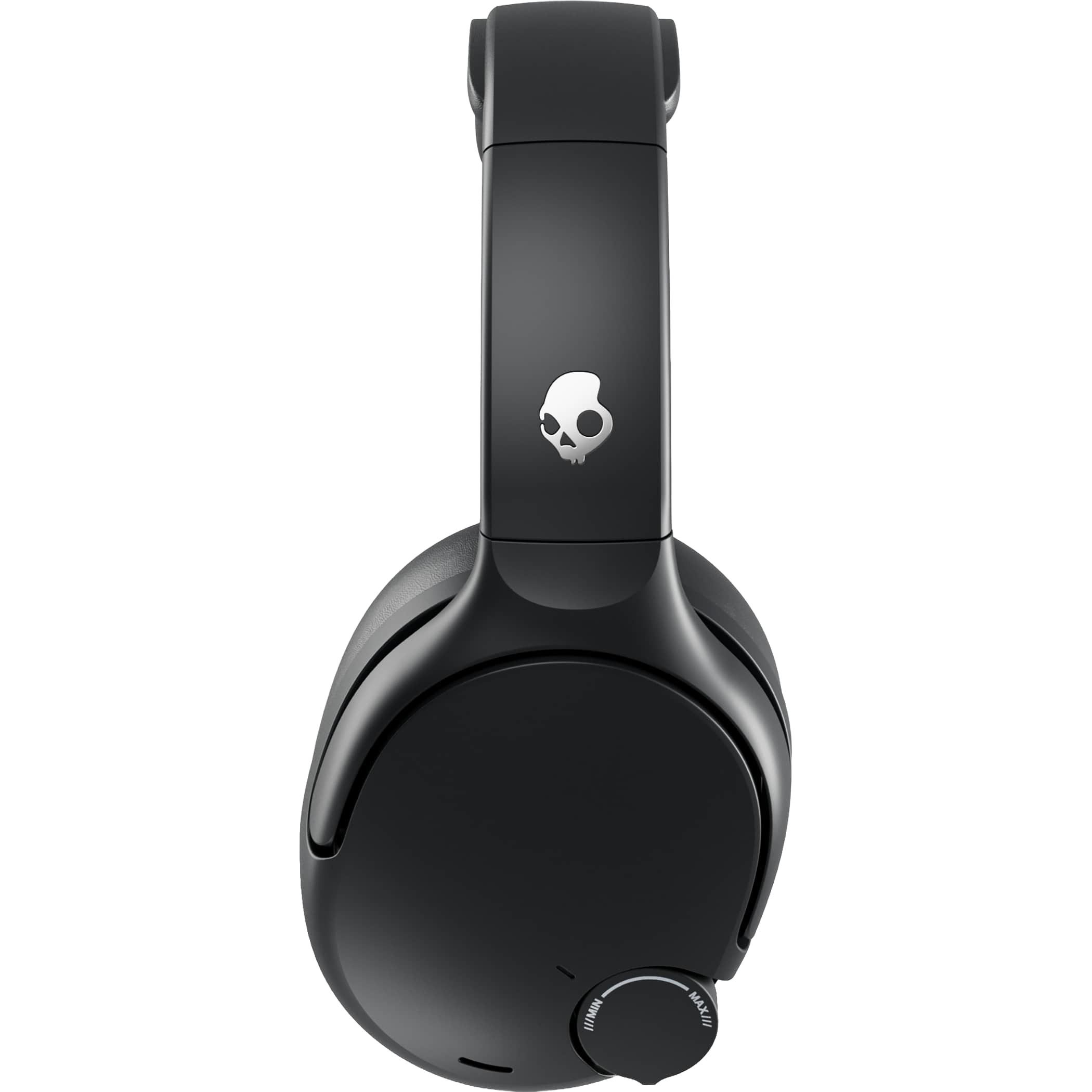Black Skullcandy Crusher 720 Wireless Headphones featuring an over-ear design, cushioned ear cups, adjustable headband, and foldable construction in black with a sleek, modern finish, designed for immersive music, movie, and gaming audio with customizable bass and wireless Bluetooth connectivity.