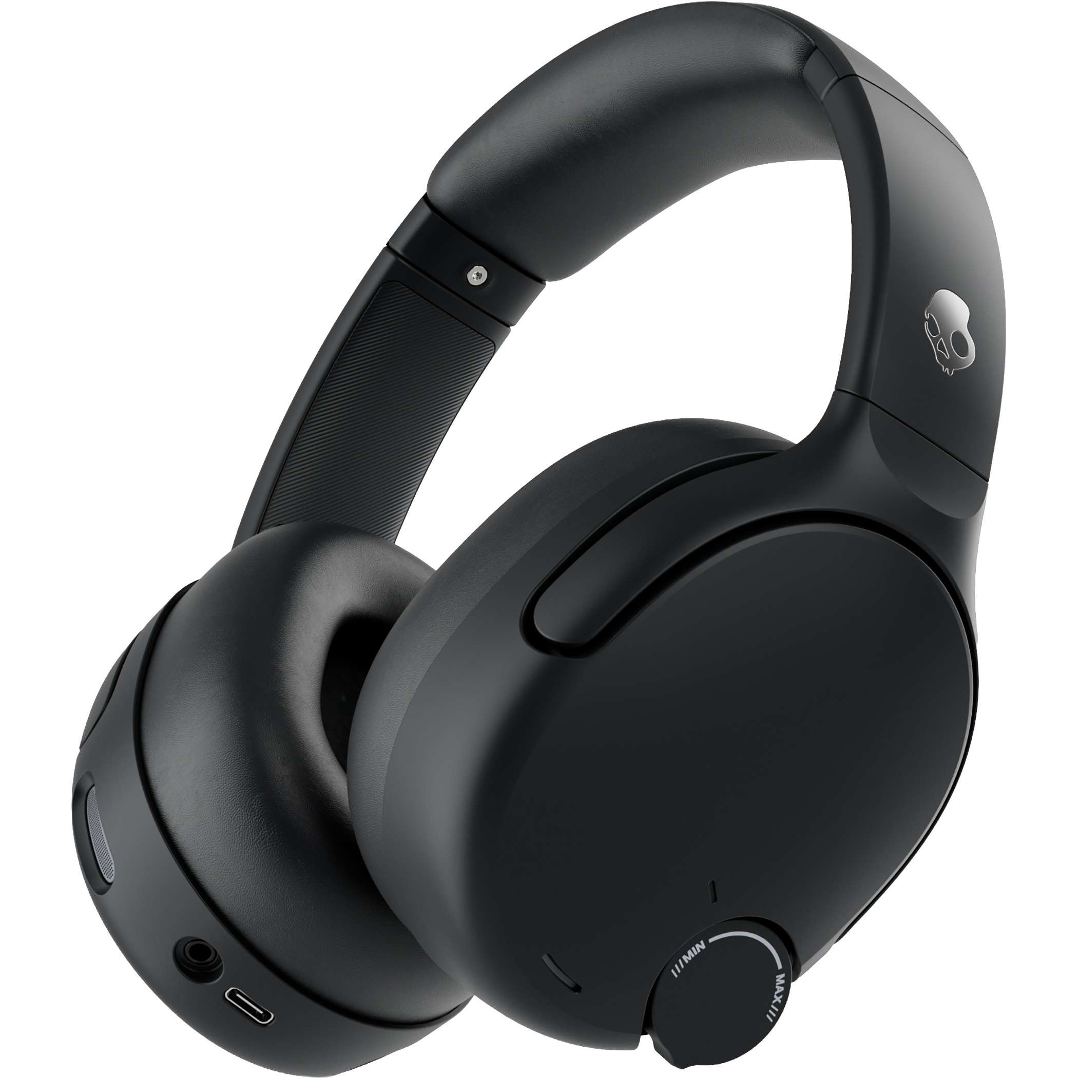 Black Skullcandy Crusher 720 Wireless Headphones featuring an over-ear design, cushioned ear cups, adjustable headband, and foldable construction in black with a sleek, modern finish, designed for immersive music, movie, and gaming audio with customizable bass and wireless Bluetooth connectivity.