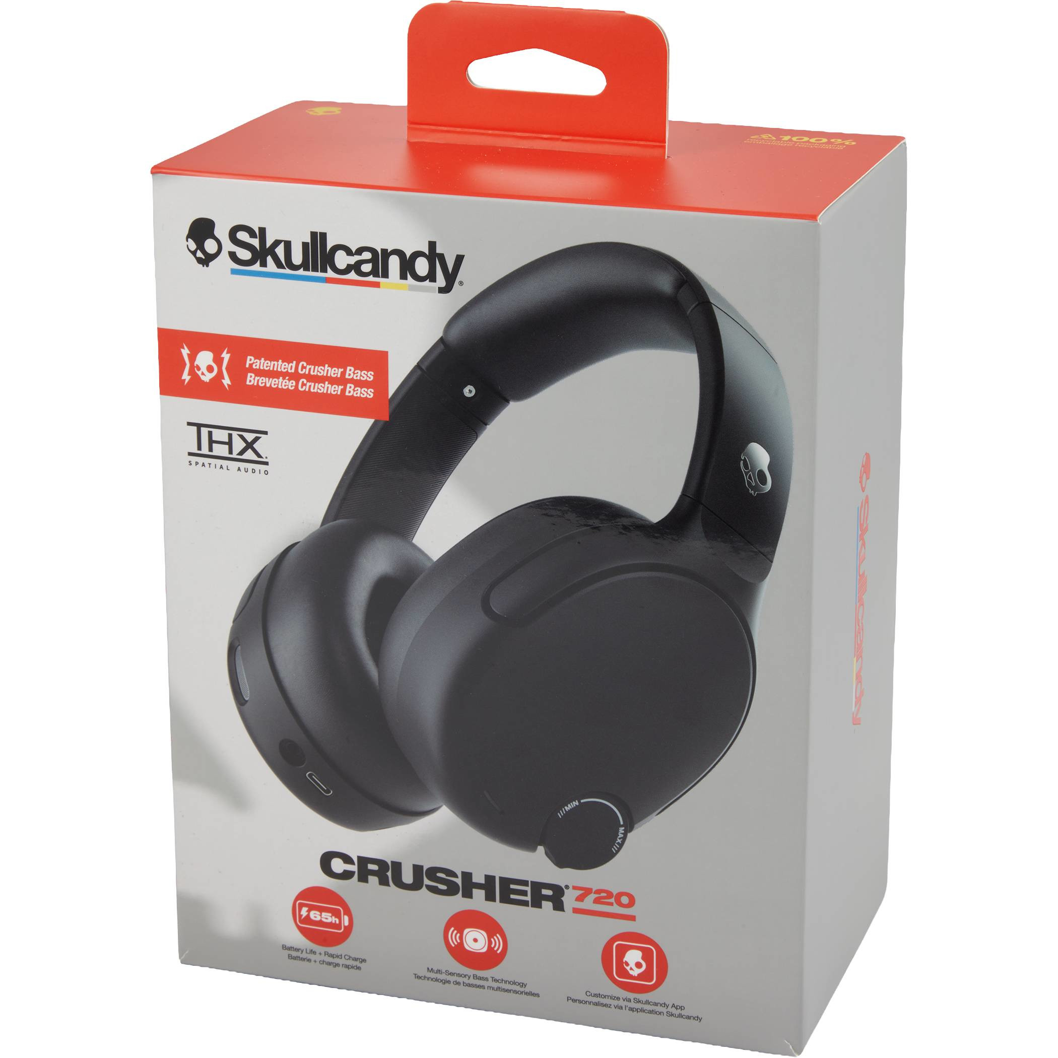 2-Piece Premium Gift Box of Black Skullcandy Crusher 720 Wireless Headphones featuring an over-ear design, cushioned ear cups, adjustable headband, and foldable construction in black with a sleek, modern finish, designed for immersive music, movie, and gaming audio with customizable bass and wireless Bluetooth connectivity.
