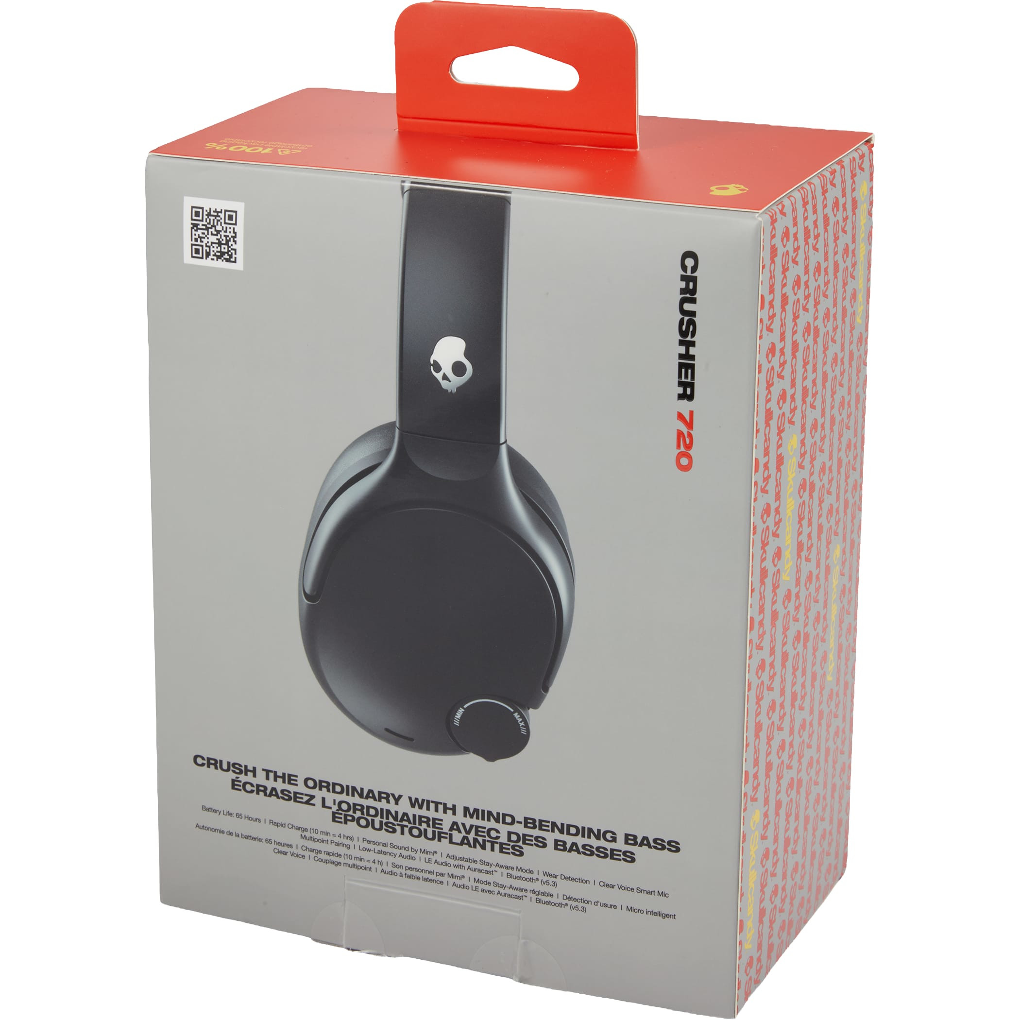 2-Piece Premium Gift Box of Black Skullcandy Crusher 720 Wireless Headphones featuring an over-ear design, cushioned ear cups, adjustable headband, and foldable construction in black with a sleek, modern finish, designed for immersive music, movie, and gaming audio with customizable bass and wireless Bluetooth connectivity.