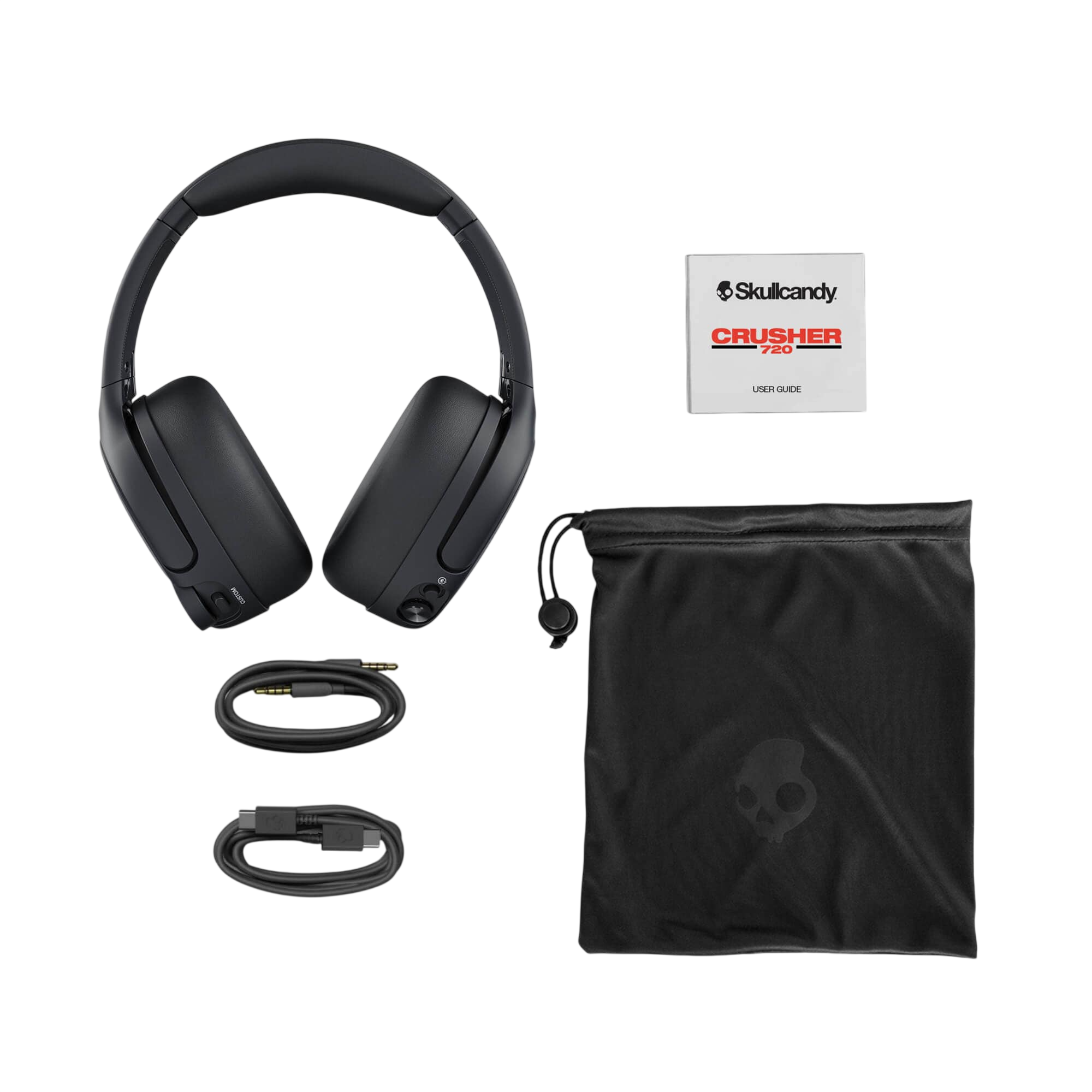 Package includes of Black Skullcandy Crusher 720 Wireless Headphones featuring an over-ear design, cushioned ear cups, adjustable headband, and foldable construction in black with a sleek, modern finish, designed for immersive music, movie, and gaming audio with customizable bass and wireless Bluetooth connectivity.
