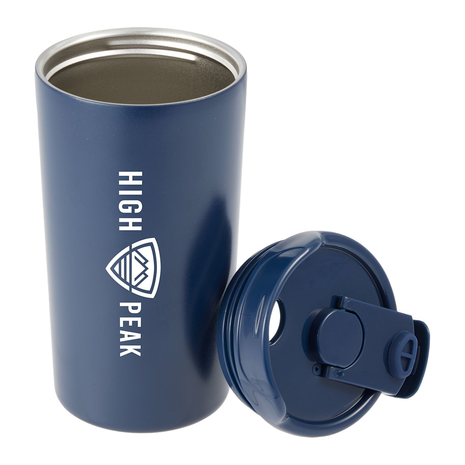 Navy Alivia recycled vacuum-insulated tumbler with a matte finish, screw-on lid, and twist-opening closure, featuring a double-wall stainless steel body made with recycled materials.