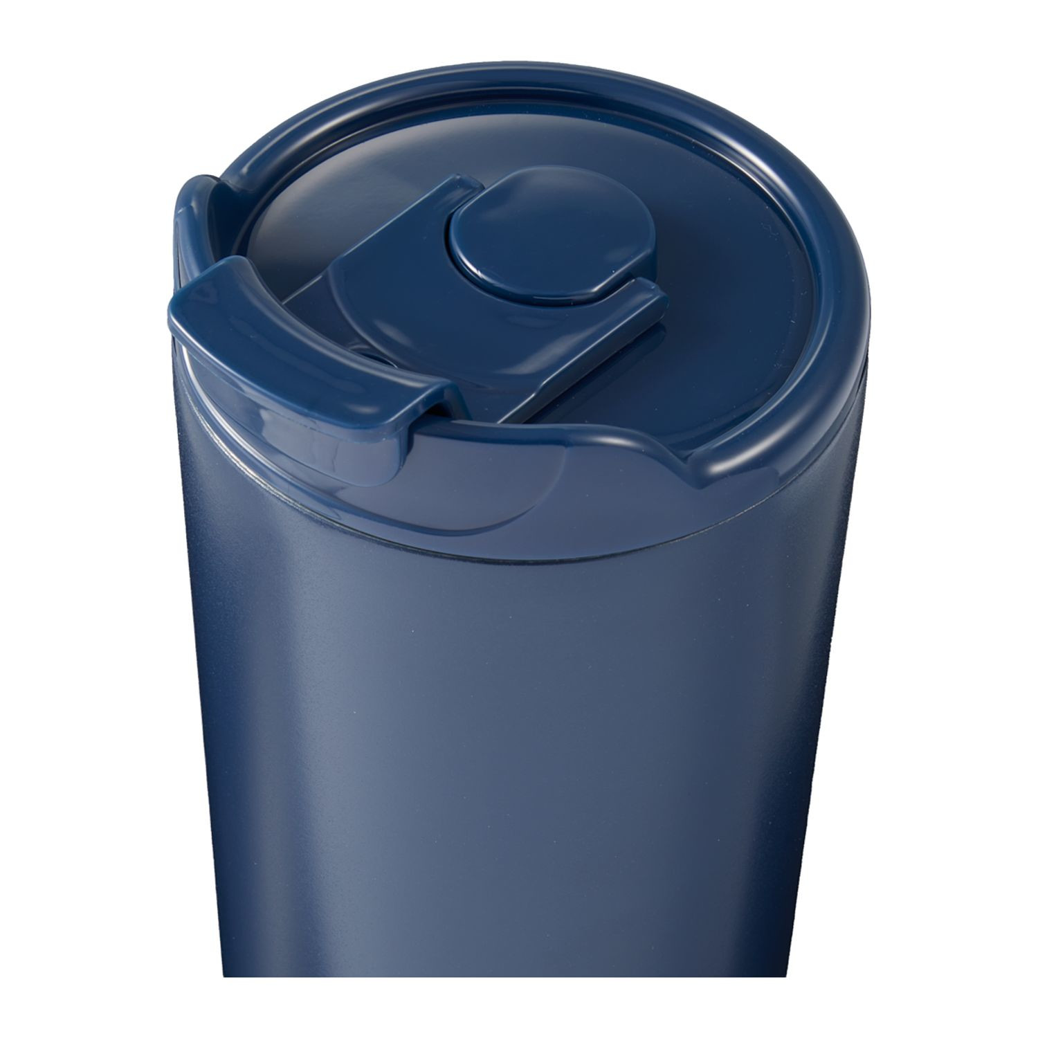 Navy Alivia recycled vacuum-insulated tumbler with a matte finish, screw-on lid, and twist-opening closure, featuring a double-wall stainless steel body made with recycled materials.