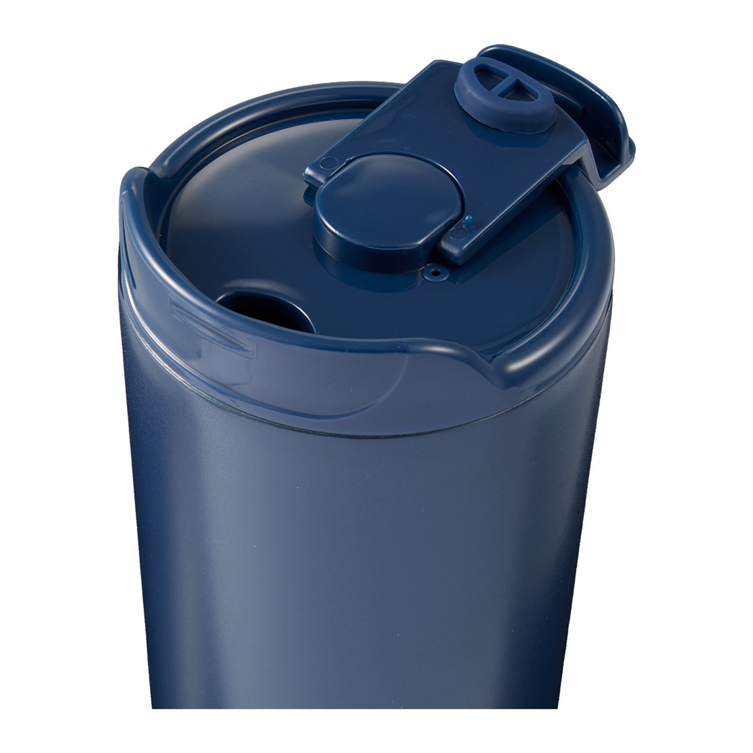 Navy Alivia recycled vacuum-insulated tumbler with a matte finish, screw-on lid, and twist-opening closure, featuring a double-wall stainless steel body made with recycled materials.