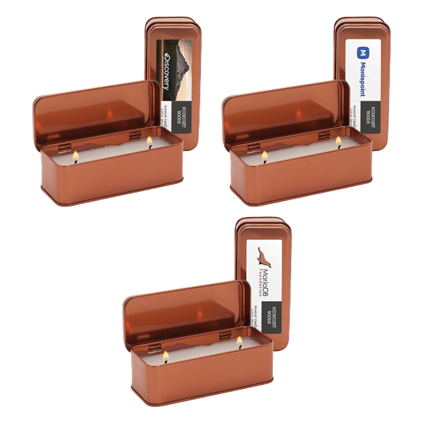 Custom 2.25 oz. Scented Copper Rectangular Candle in a sleek rectangular tin with an elegant metallic copper finish, featuring a hinged lid and a full-color customizable label for personalized branding. Ideal for relaxing at home or in the office, as well as thoughtful gifts and promotional giveaways.