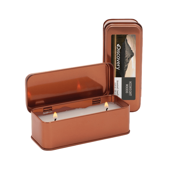 Custom 2.25 oz. Scented Copper Rectangular Candle in a sleek rectangular tin with an elegant metallic copper finish, featuring a hinged lid and a full-color customizable label for personalized branding. Ideal for relaxing at home or in the office, as well as thoughtful gifts and promotional giveaways.
