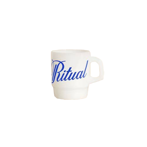 vintage-inspired glass mug with a curved handle, classic milk glass finish, and 8 oz capacity for coffee, tea, and other hot or cold beverages.