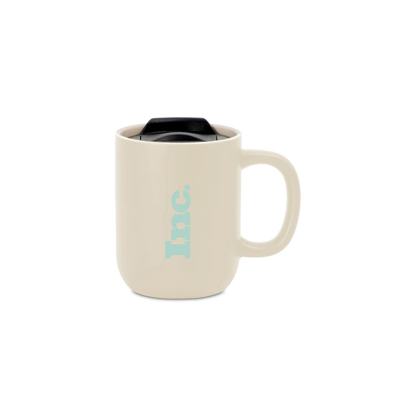 Bone 12 oz. ceramic lidded mug in modern neutral colors, featuring a smooth, stylish finish and a press-down lid with a sliding closure to help keep coffee, tea, and other hot beverages warm. Includes a coordinating kraft gift box, making it ideal for everyday use, gifting, and custom logo branding.