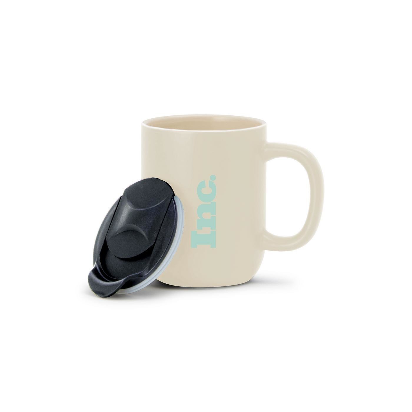 Bone 12 oz. ceramic lidded mug in modern neutral colors, featuring a smooth, stylish finish and a press-down lid with a sliding closure to help keep coffee, tea, and other hot beverages warm. Includes a coordinating kraft gift box, making it ideal for everyday use, gifting, and custom logo branding.