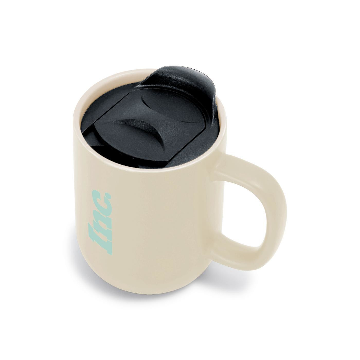 Bone 12 oz. ceramic lidded mug in modern neutral colors, featuring a smooth, stylish finish and a press-down lid with a sliding closure to help keep coffee, tea, and other hot beverages warm. Includes a coordinating kraft gift box, making it ideal for everyday use, gifting, and custom logo branding.