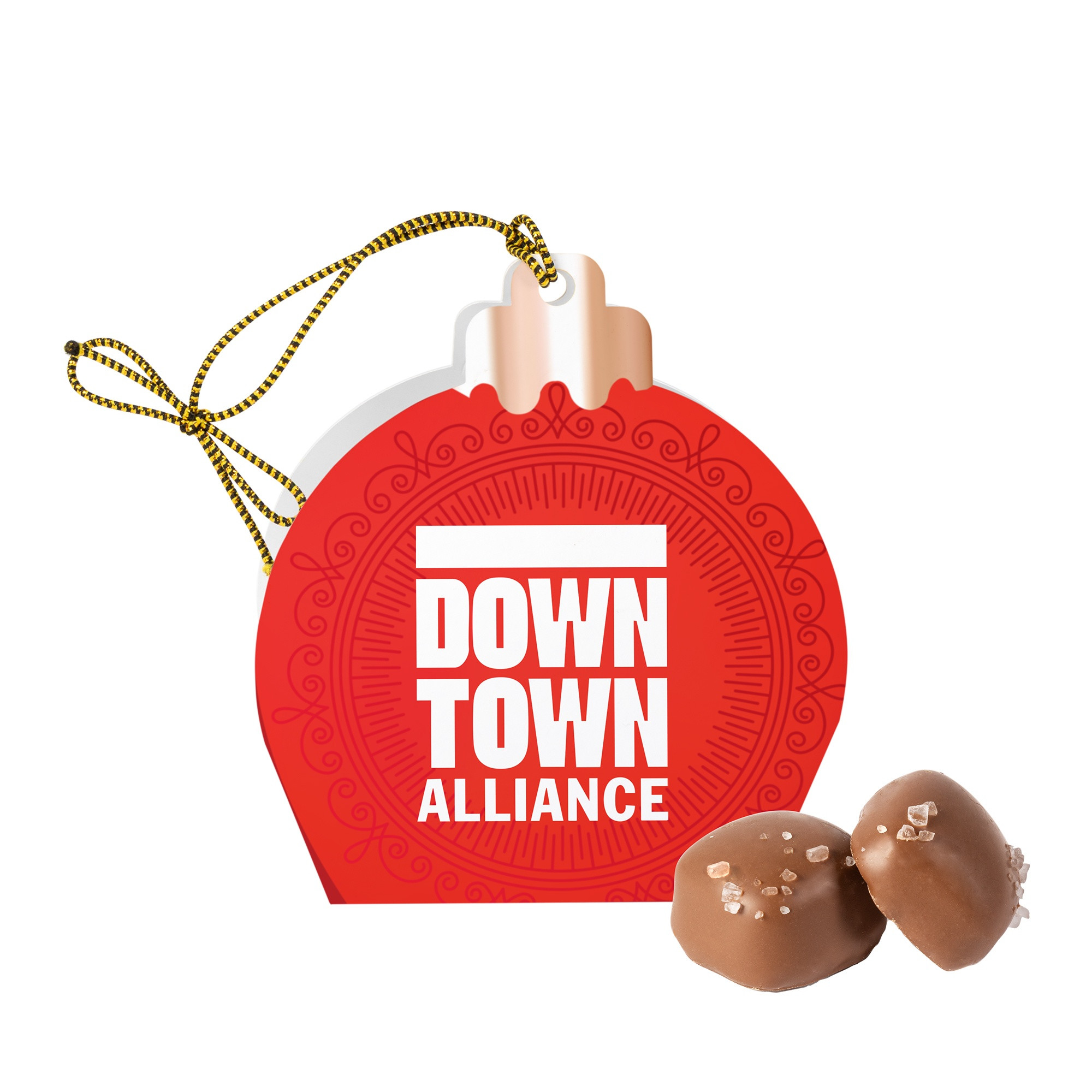 Jingle Treats Ornament with Sea Salt Caramels featuring a festive ornament-shaped gift box with colorful holiday printing, containing three individually wrapped sea salt caramels in milk or dark chocolate, ideal for seasonal gifting and custom branded corporate giveaways.