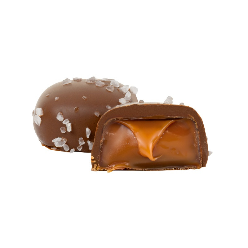 Jingle Treats Ornament with Sea Salt Caramels featuring a festive ornament-shaped gift box with colorful holiday printing, containing three individually wrapped sea salt caramels in milk or dark chocolate, ideal for seasonal gifting and custom branded corporate giveaways.