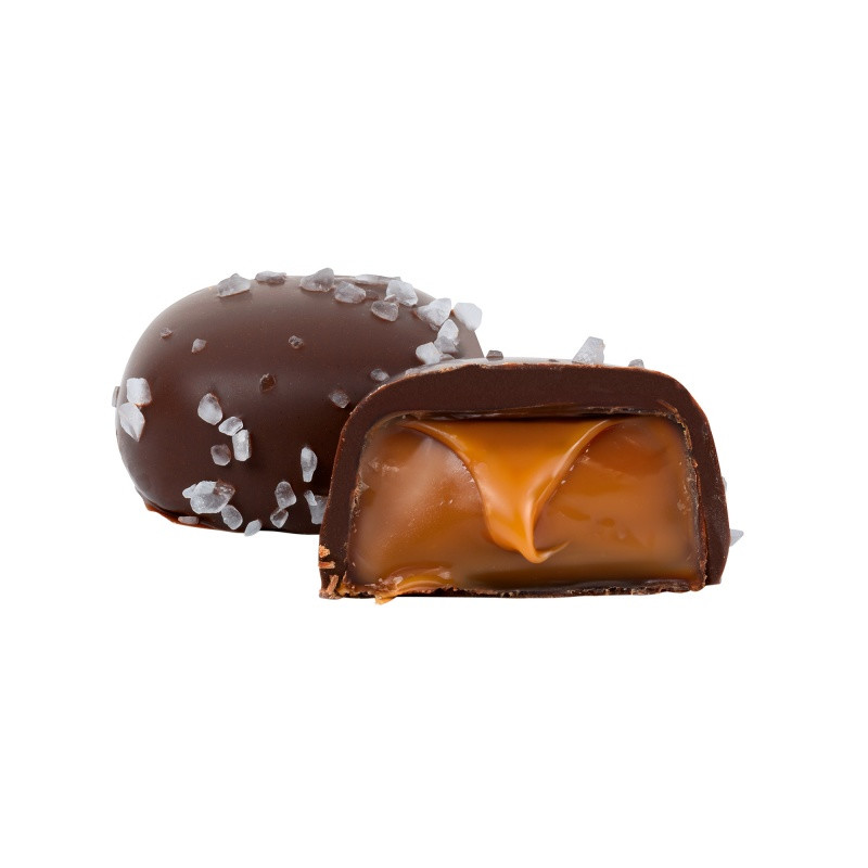 Jingle Treats Ornament with Sea Salt Caramels featuring a festive ornament-shaped gift box with colorful holiday printing, containing three individually wrapped sea salt caramels in milk or dark chocolate, ideal for seasonal gifting and custom branded corporate giveaways.