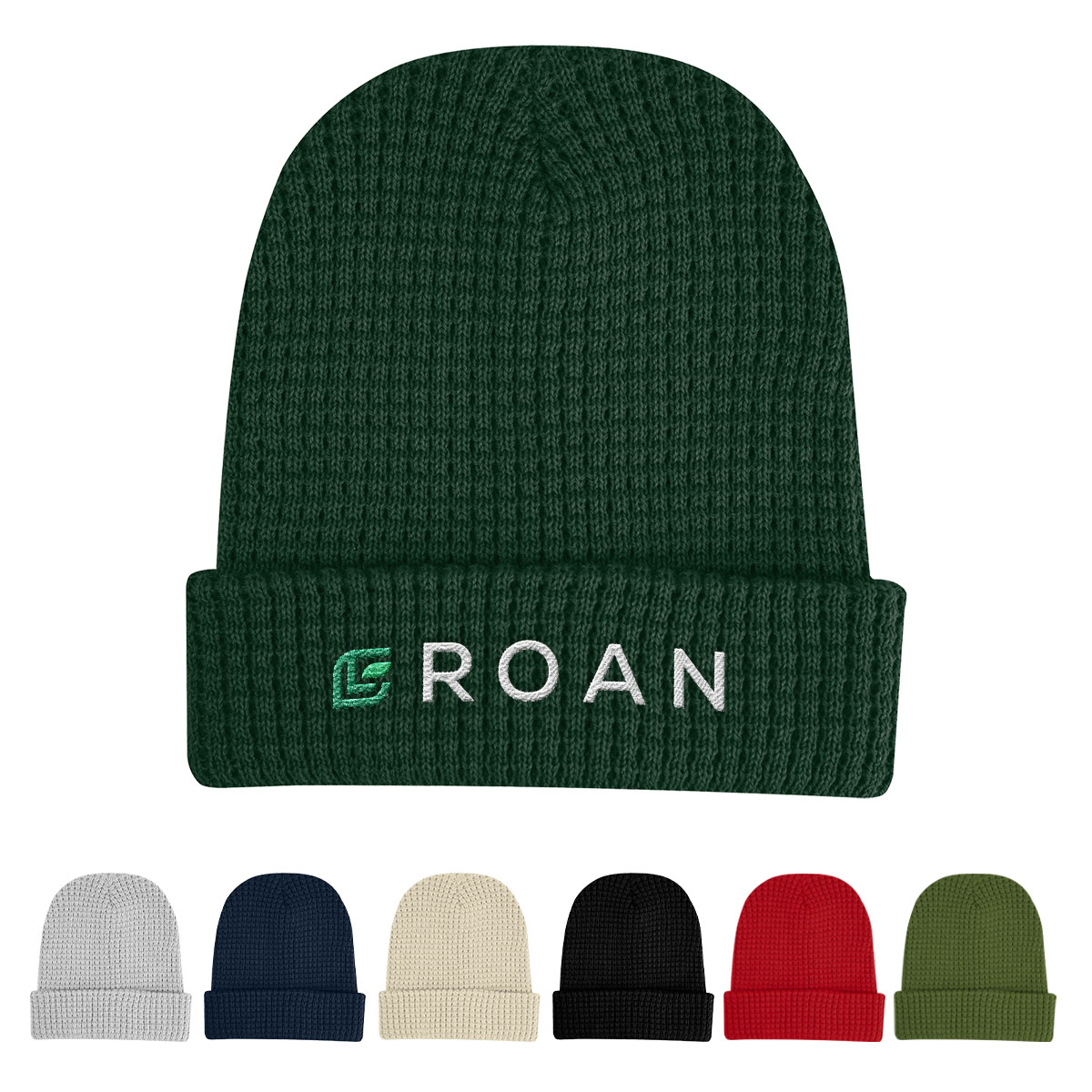 Waffle knit beanie made from 50% recycled rPET and 50% acrylic/polyester non-woven material, featuring a cozy textured knit pattern and a classic design for warmth in cold weather. Suitable for custom branding with a logo or message, this eco-conscious beanie is ideal for everyday wear, corporate gifts, and promotional giveaways.